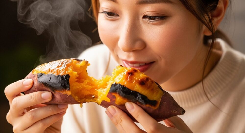 スイーツの様に甘くて美味しい焼き芋を食べる女性