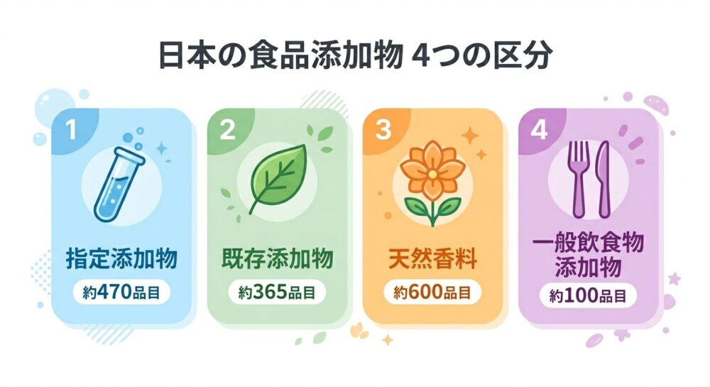 日本の食品添加物4つの区分（指定添加物・既存添加物・天然香料・一般飲食物添加物）のイラスト図
