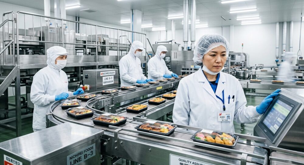 衛生的な食品製造ラインで生産管理を行う作業員