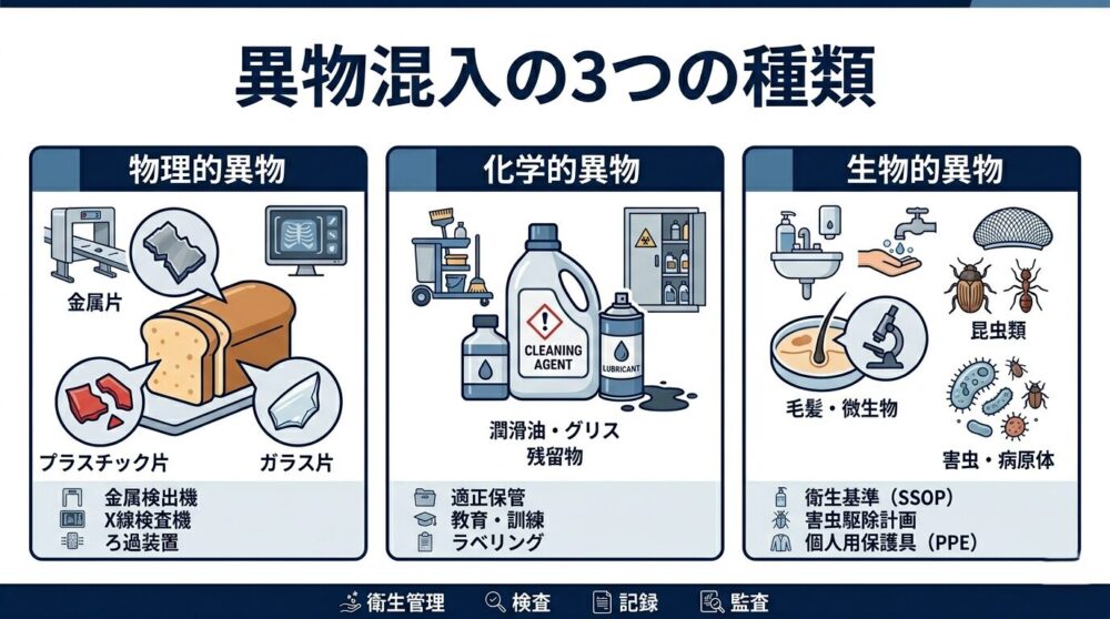 食品工場における異物混入の3分類:物理的異物・化学的異物・生物的異物の図解