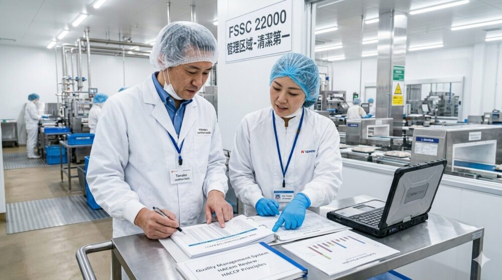 FSSC22000の工場審査で認証機関の審査員と日本の食品工場スタッフが確認作業をしている様子