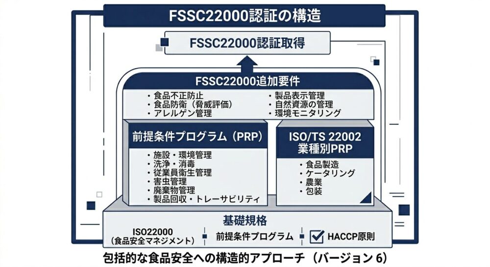 FSSC22000の構成要素(ISO22000・前提条件プログラム・FSSC追加要件)を示す図解