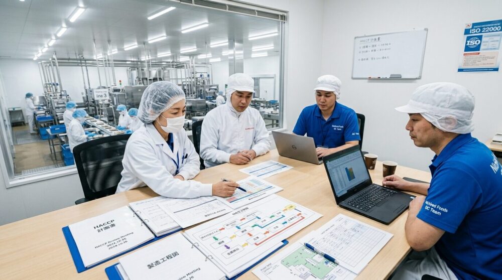 HACCPチームが計画書と製造工程フロー図を確認している会議シーン