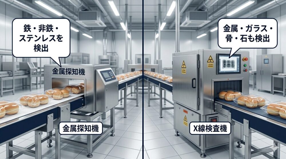 食品工場の異物検出機器:金属探知機とX線検査機の比較イメージ