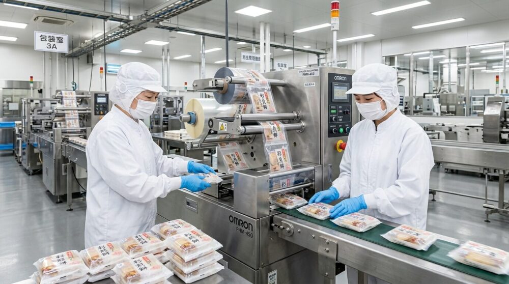 食品工場の包装ラインで稼働するピロー包装機と作業員