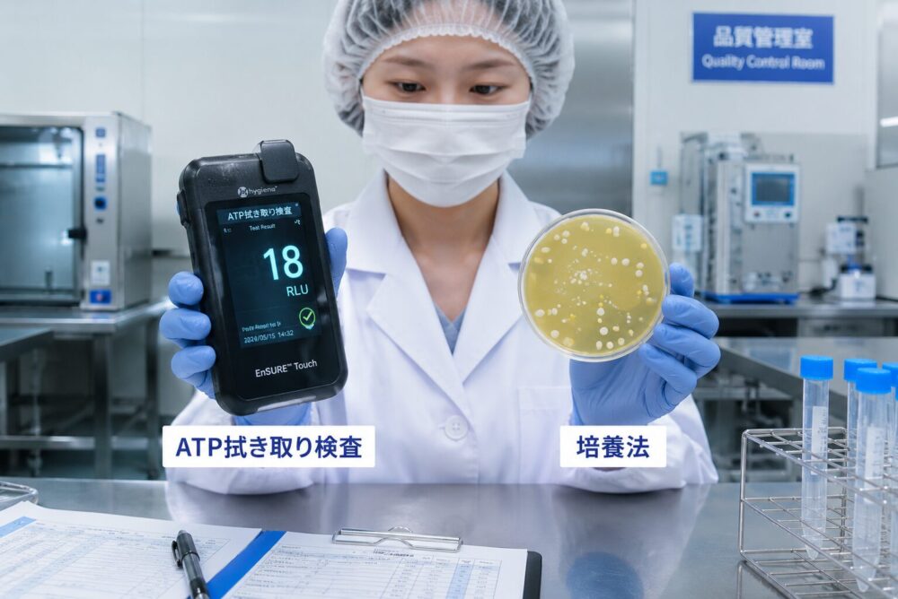 食品工場の検査室でATP拭き取り検査と培養法の検査結果を比較する検査担当者