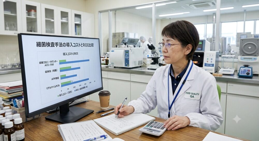 食品工場の品質管理担当者が検査機器導入のコストとROIを電卓とグラフで検討している様子