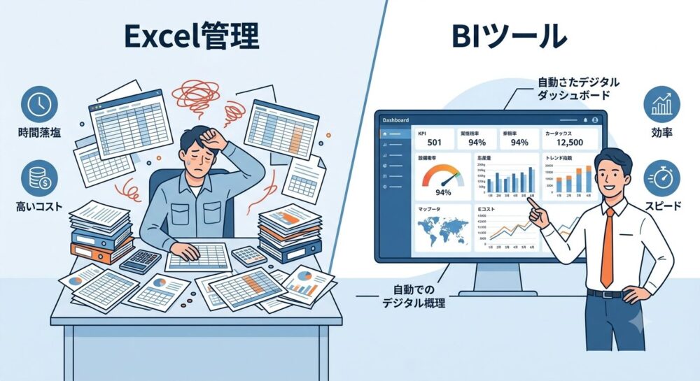 Excel管理とBIツールによるデータ経営の違いを示すイラスト