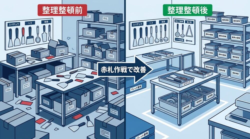 食品工場の5S活動前後で現場の整理整頓状態が変化した様子を示す対比イラスト