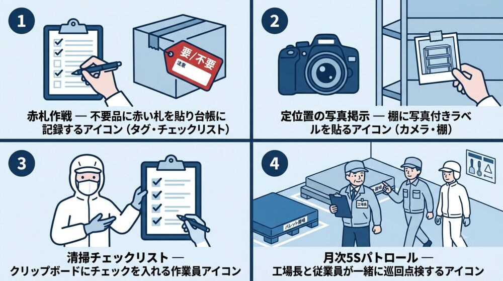 赤札作戦・定位置掲示・清掃チェックリスト・月次パトロールの4つの取り組みを示すステップ図解