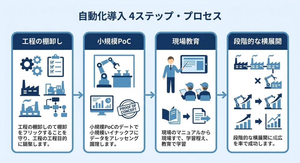 食品工場の自動化導入4ステップ：棚卸し・PoC・教育・横展開のフロー図