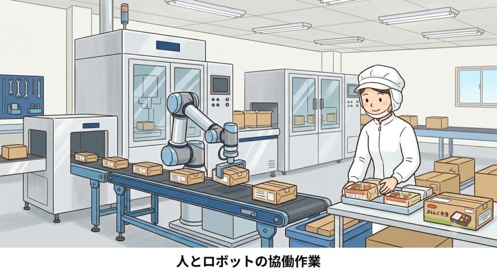 食品工場の梱包ラインで協働ロボットが人と並んで作業する様子のイラスト