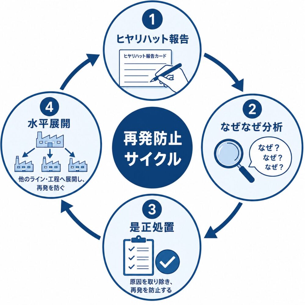 ヒヤリハット報告から是正処置・水平展開までのPDCAサイクルを示す図解