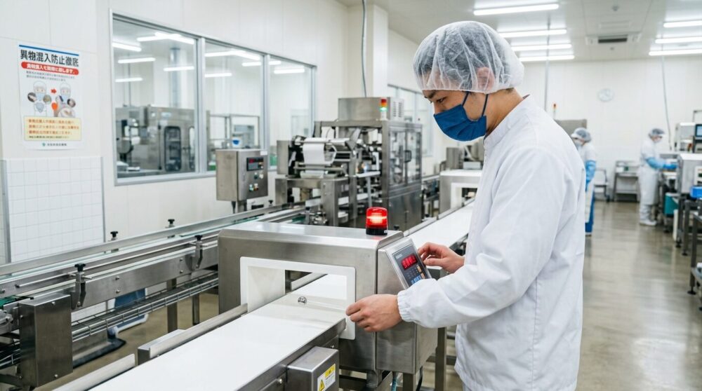 食品工場で金属探知機のテストピース(感度確認用サンプル)を使って検査している様子