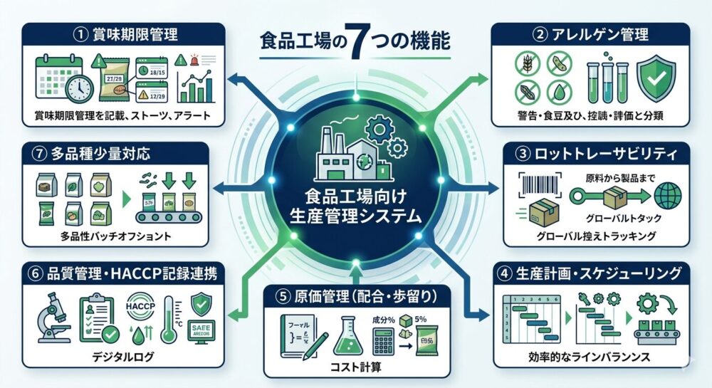 食品工場の生産管理システムに必要な7機能(賞味期限・アレルゲン・ロット管理等)の図解