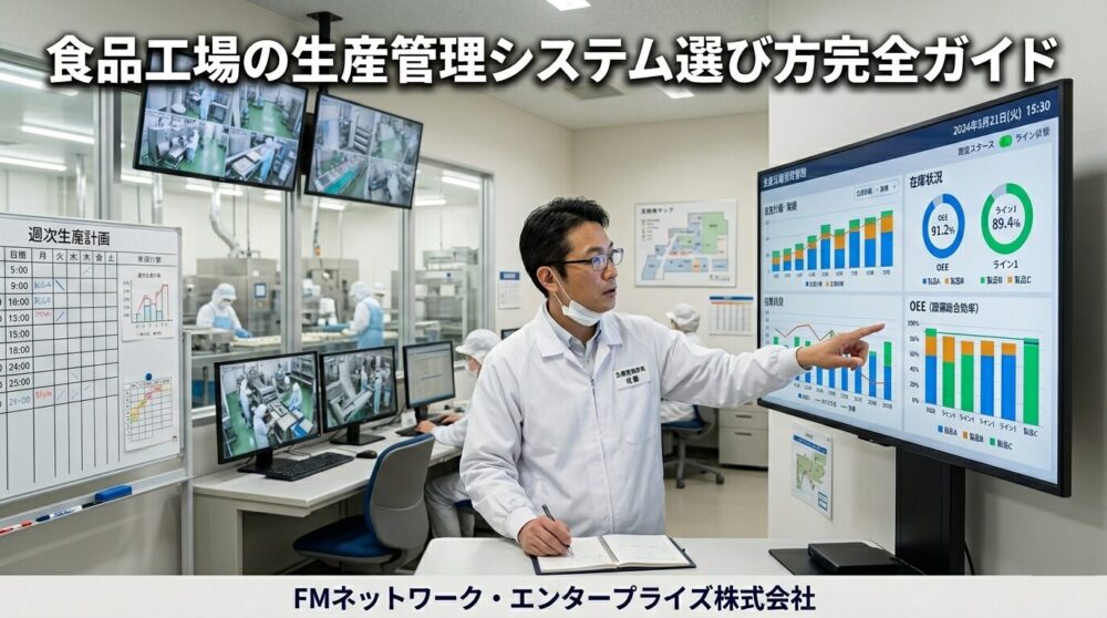 食品工場でデジタルダッシュボードを確認している生産管理担当者