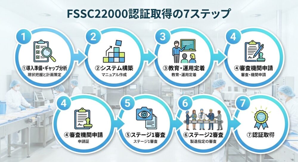 FSSC22000認証取得7ステップのフローチャート