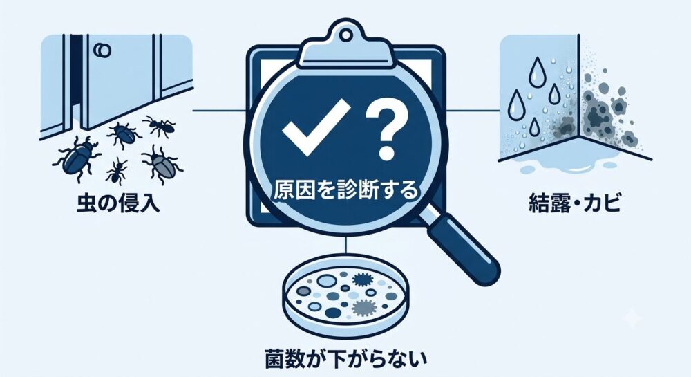 虫の侵入・結露・菌数の高止まりなど症状ごとに空気の流れの原因を診断するイメージ図