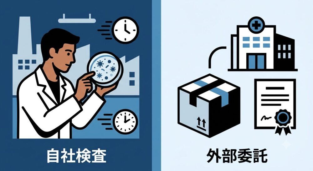 食品工場の一般生菌検査における自社検査と外部委託の違いを示す比較図解