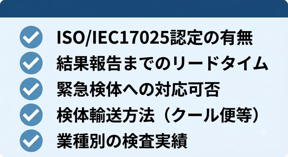 一般生菌検査を外部委託する検査機関を選ぶ際の5つのチェックポイントを示す図解