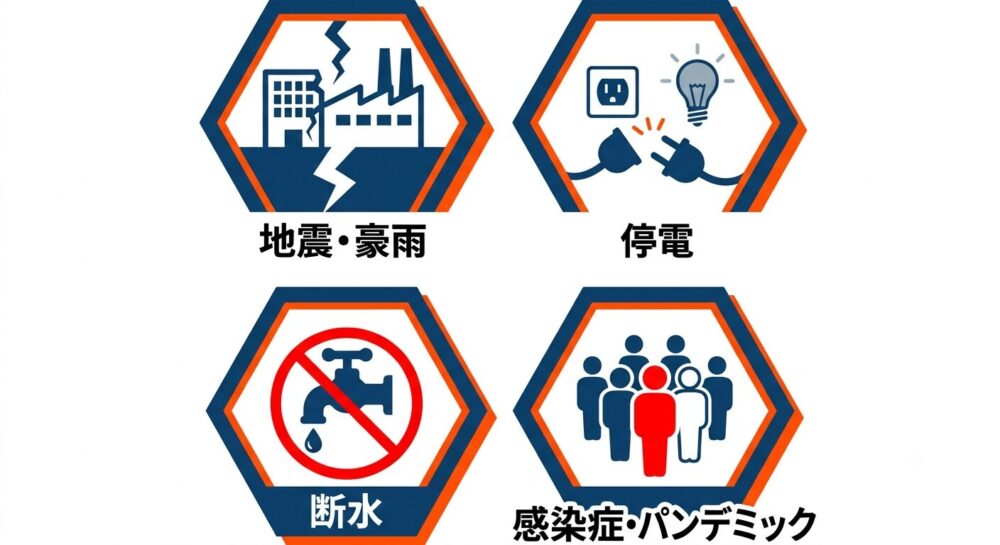 食品工場が備えるべき地震・停電・断水・感染症の4大リスクを示すアイコン図解