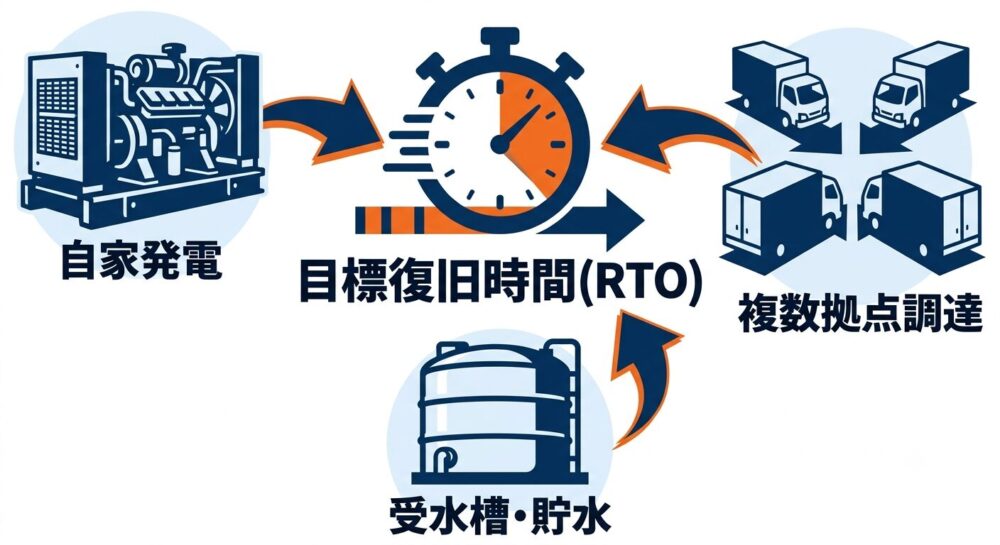 重要業務の目標復旧時間(RTO)と自家発電・貯水・複数拠点調達などの代替手段を示す図解