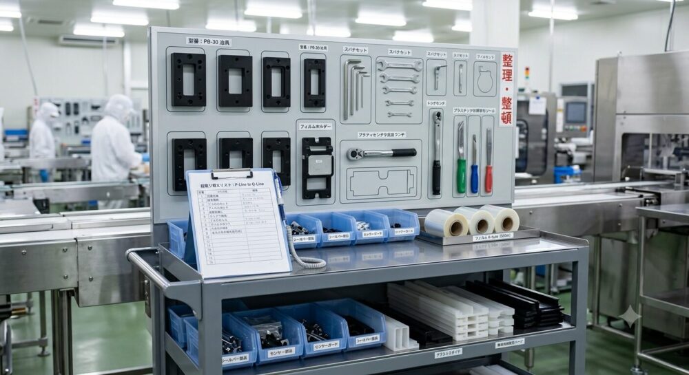 品目ごとに包材・治具・工具・設定値・初品確認票をキット化して準備するイメージ
