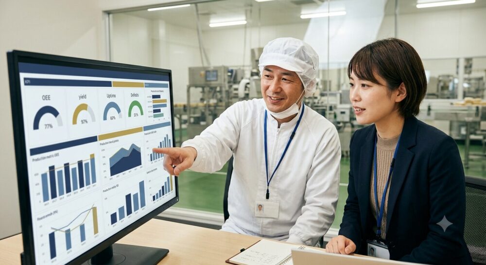 食品工場の担当者が外部パートナーの伴走支援を受けながらダッシュボードを確認している様子