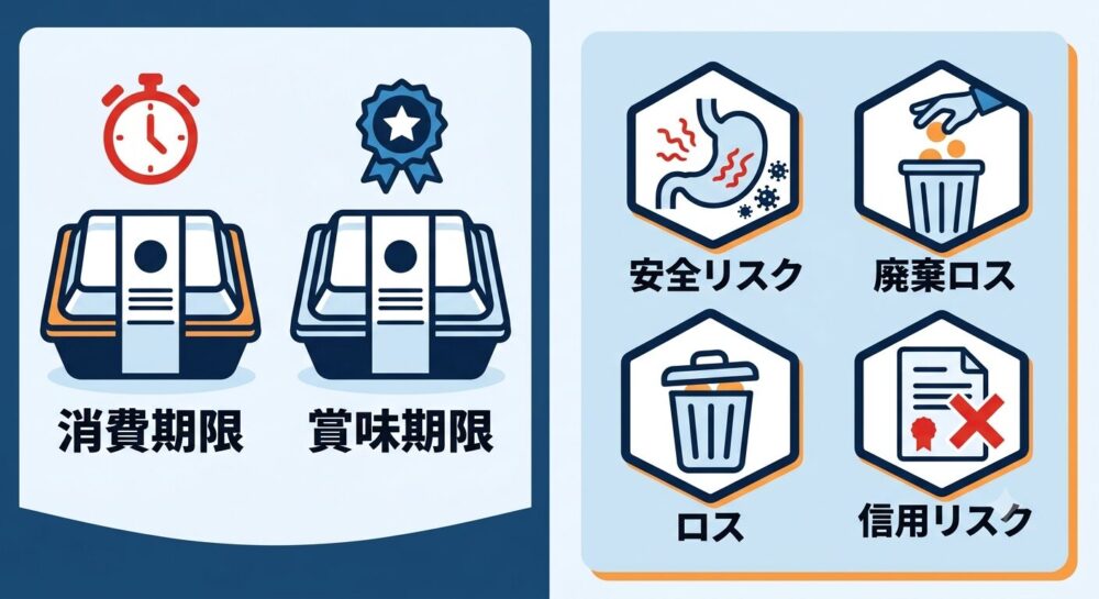 消費期限と賞味期限の違い、期限設定を誤った場合の安全リスク・廃棄ロス・信用リスクを示す図解