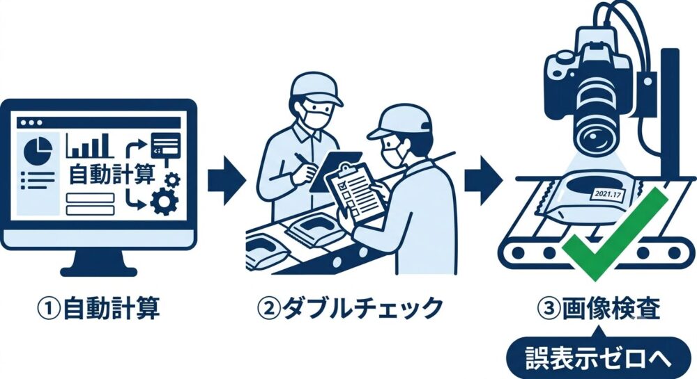 期限印字の自動計算・ダブルチェック・画像検査による表示ミス防止の仕組みを示すイラスト