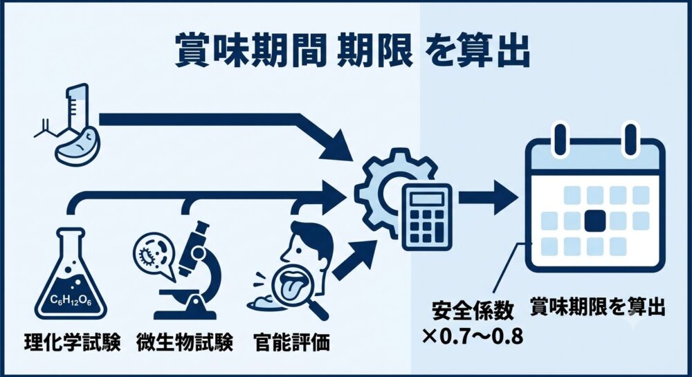 理化学試験・微生物試験・官能評価の3試験から安全係数をかけて賞味期限を算出する流れを示す図解