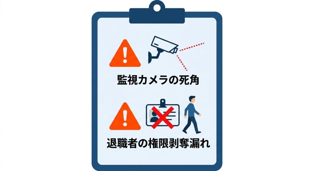 監視カメラの死角・退職者の権限剥奪漏れなどフードディフェンスの脆弱ポイントを示すチェックリスト図