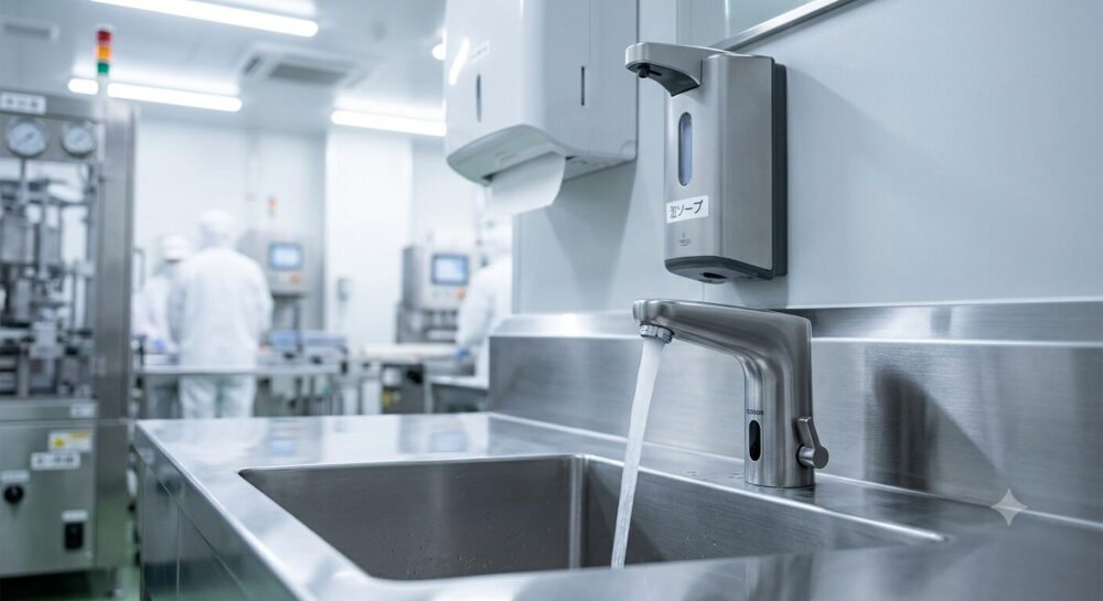 ノータッチ水栓と自動石けんディスペンサーを備えた手洗い設備のイメージ