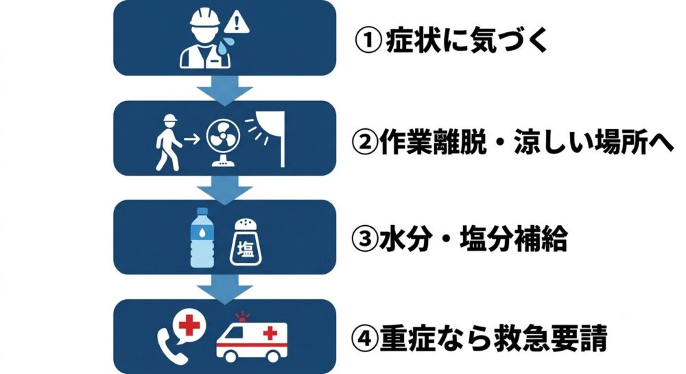 食品工場の管理者が熱中症の初期対応フローについて従業員へ教育している様子
