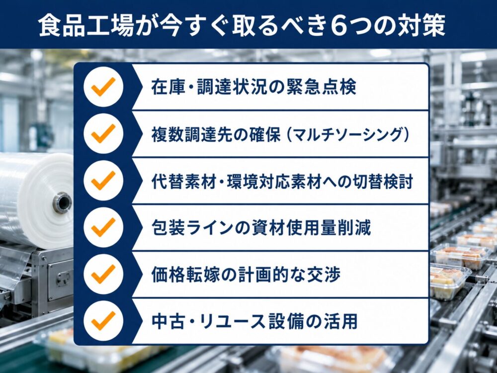 食品工場が包装資材コスト高騰に備えて点検すべき6つの対策を示すチェックリスト風イラスト