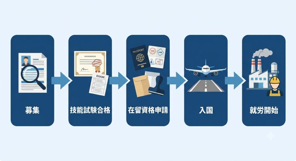 特定技能外国人材の募集から在留資格申請、入国、就労開始までの手続きフローを示す図解