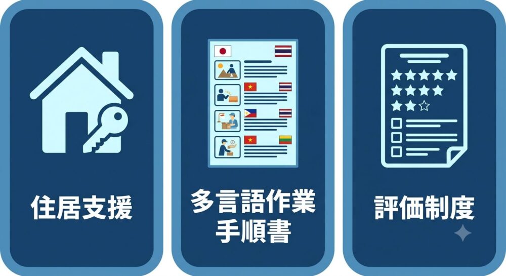 多言語作業手順書・住居支援・評価制度など現場受け入れ準備のポイントを示す図解