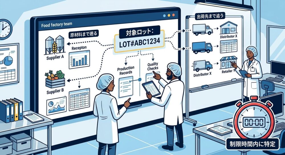 製品ロットから原材料までを制限時間内に特定する模擬トレース訓練のイメージ