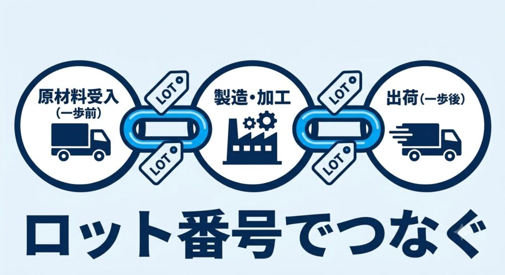 原材料受入・製造・出荷の記録を一歩前・一歩後の原則でロット番号によりつなげる図解