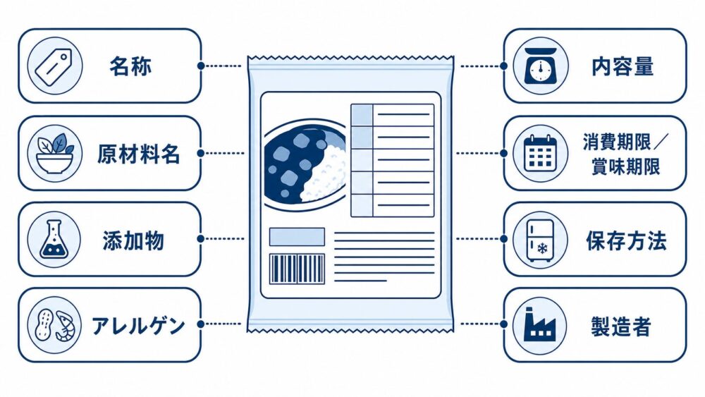 一括表示欄に記載すべき名称・原材料名・添加物・アレルゲン・内容量・期限・保存方法・製造者の8項目を示す図解