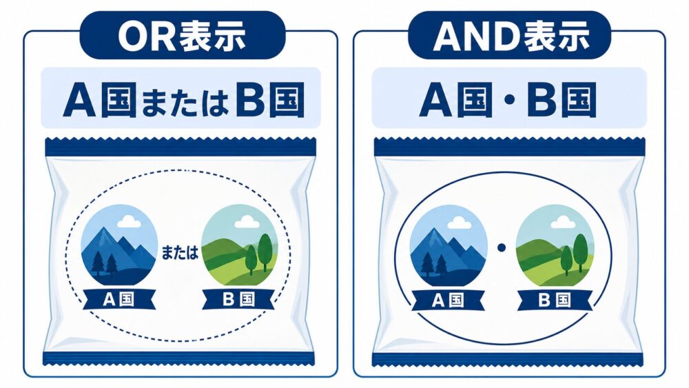 原料原産地表示のOR表示・AND表示の仕組みを示す図解