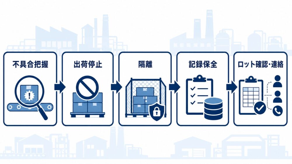 食品工場で不具合を把握してから出荷停止・隔離・記録保全・ロット確認・連絡へ進む初動フロー図