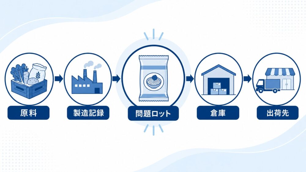 問題製品のロットから原料へ遡及し、出荷先へ追跡する食品トレーサビリティの図