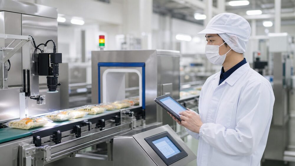 食品包装ラインでラベル照合と金属検出を行いロット記録を確認する品質管理担当者