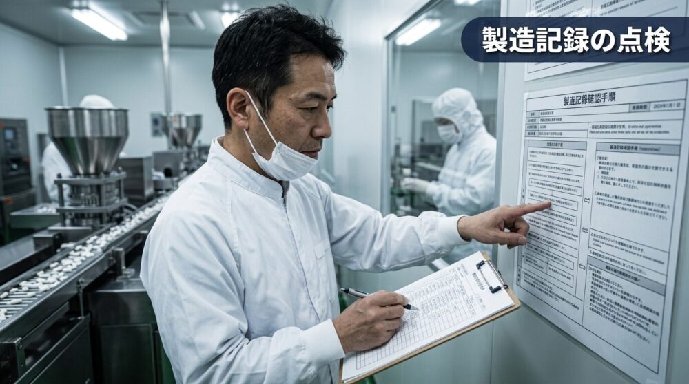 GMP対応のため製造記録と品質管理手順を点検する食品工場担当者のイメージ