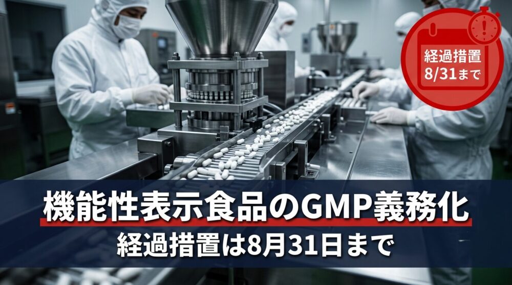 機能性表示食品のGMP義務化2026年9月完全施行と経過措置8月31日までを案内するアイキャッチ画像