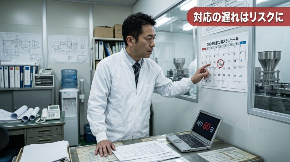GMP対応の遅れにより取引先との信頼関係に影響が出ることを懸念する食品工場担当者のイメージ