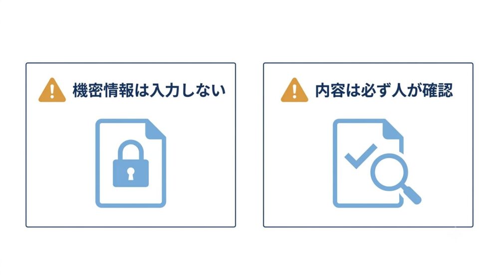 生成AI導入時に注意すべき機密情報の取り扱いと内容確認のポイントを示す図解