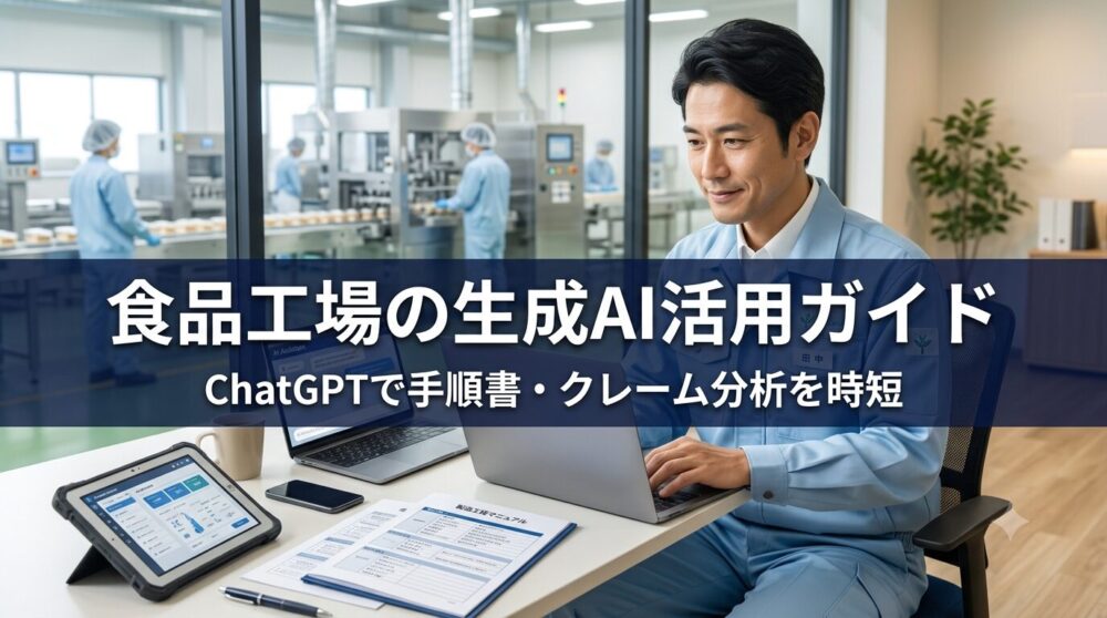 食品工場の管理者がノートパソコンで生成AIを使い手順書やクレーム分析を行う様子