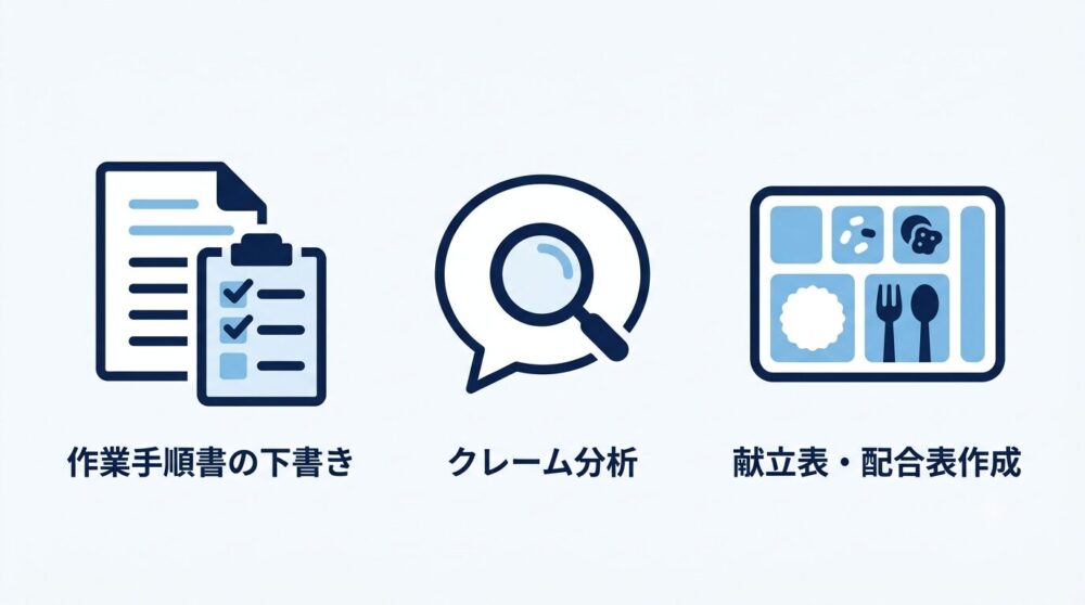 食品工場での生成AI活用例（手順書作成・クレーム分析・献立表作成）を示す図解